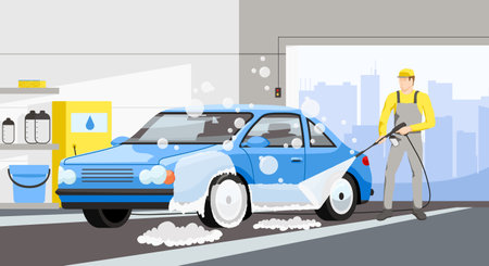 Car wash service banner. Automotive cleaning station. Carwash process promotion. Worker wash dirty car by pressure. Man in uniform washing vehicle in cityscape. Car Care Company. Vector illustrationのイラスト素材