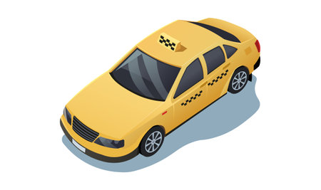 Taxi service transport icon. Yellow Checker taxi cab. Isometric view of New York transportation vehicle. 3d design of automobile transport. Single image of sedan travel delivery. Vector illustrationのイラスト素材