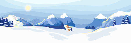 Winter mountain landscape with snowy peaks and steep slopes along the edges. Empty ski resort with wide track slope. Sun rays reflecting from snow. Adventure panoramic background. Vector illustrationのイラスト素材