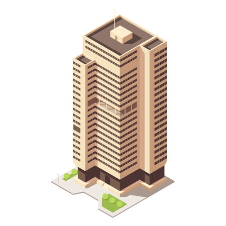 Isometric skyscraper building for map creating collection. Business office and commercial tower. City development in 3D design. Finance cityscape architecture, web street element. Vector illustrationのイラスト素材
