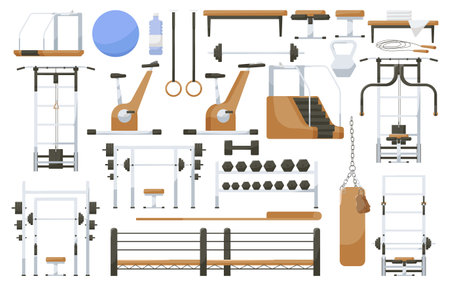 Set of various gym equipment and machines for body workout and exercises with weights. Fitness club devices: Treadmill, bench barbell, dumbbell, stepper, cardio bicycle, punch bag. Vector illustrationのイラスト素材