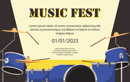 Music festival poster with musical instrument. Original design for promotion and invitation. Blue drum kit on live music show. Template design for flyer with text in flat style. Vector illustrationのイラスト素材