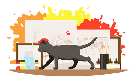 Poster of workshop with draw sketch. Black cat walking on workplace, draw by paw on paper and dip head in red paint. Creative studio of drawing. Artistic idea of creative people. Vector illustrationのイラスト素材