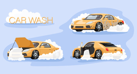 Car wash service banner. Automotive cleaning cartoon poster. Carwash process promotion. Car in white foam bubbles have a shower. Open doors vehicle on interior detailing cleaning. Vector illustrationのイラスト素材