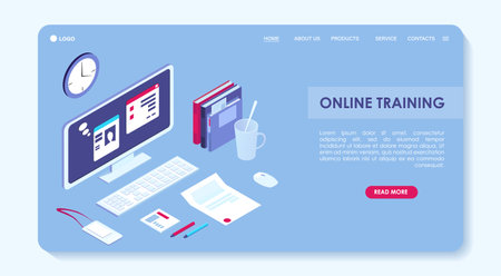Office workplace accessories and digital equipment in isometric view. Freelance home workspace. Programmer stationery: laptop, mobile phone, computer, calendar. Work desk concept. Vector illustrationのイラスト素材