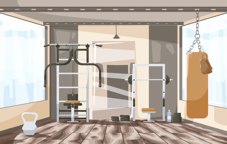 City sport club empty interior. Various fitness equipment and machines for body workout and exercises with weights indoor. Modern gym with barbell bench, dumbbell and punching bag. Vector illustrationのイラスト素材
