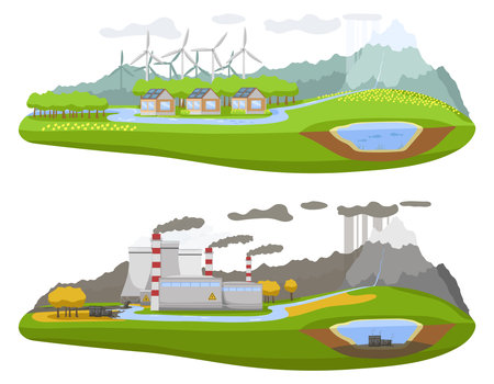 Banner ecology day. Before after alternative energy nature life on planet. Different pollution in environment. Renewable wind power generation. Ecological concept landscape poster. Vector illustrationのイラスト素材