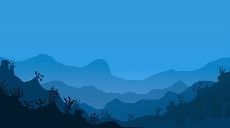 Deep ocean seascape. Underwater seabed. Undersea bottom with growing seaweed and water plants. Blue marine scenery. Aquatic ecosystem banner. Seascape template for web background. Vector illustrationのイラスト素材
