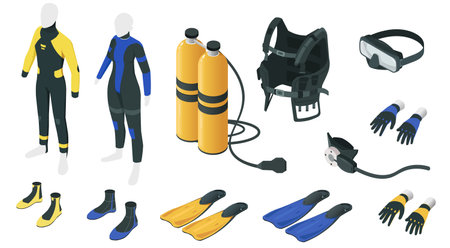 Scuba diving gear in isometric view. Equipment for under water adventure. Wetsuits and gloves, scuba mask, fins, oxygen tank with regulator 3D icons. Underwater ocean or sea sport. Vector illustrationのイラスト素材