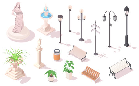 Collection of city alley lampposts isolated on white background. Set of isometric outdoor furniture Bench, fountain, garbage, urn for town map and construction of urban landscape. Vector illustrationのイラスト素材