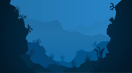 Deep ocean seascape. Underwater seabed. Undersea bottom with growing seaweed and water plants. Blue marine scenery. Aquatic ecosystem banner. Seascape template for web background. Vector illustrationのイラスト素材