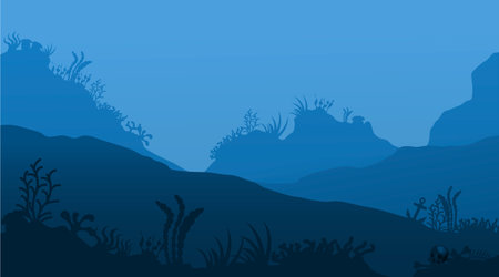 Deep ocean seascape. Underwater seabed. Undersea bottom with growing seaweed and water plants. Blue marine scenery. Aquatic ecosystem banner. Seascape template for web background. Vector illustrationのイラスト素材