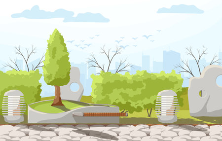 City park summer or spring time scenery landscape. Cityscape background, empty public place for walking and recreation with green trees, benches. Urban garden with pathway. Flat Vector illustrationのイラスト素材