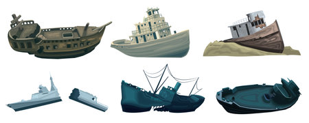 Set of sunken ships on seabed isolated on white background. Wooden and steel battleship after wreck or attack. Destroyed wreck ship. Broken vessel in underwater sea bottom. Flat Vector illustrationのイラスト素材