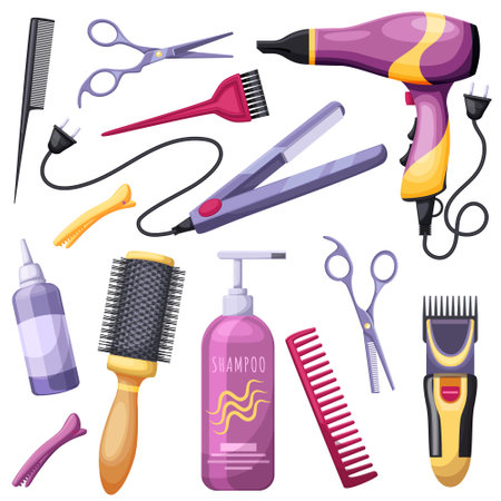 Set of female hairdresser accessories. Professional tools for curling and haircut barbershop. Hair brush, comb, colorful hairdryer, razor scissors. Beauty salon barber accessory. Vector illustrationのイラスト素材
