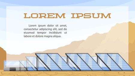 Solar mirror panels for renewable power generation banner. Ecology day and environment concept of green eco city with alternative energy. Solar power eco farm in Africa desert. Vector illustrationのイラスト素材