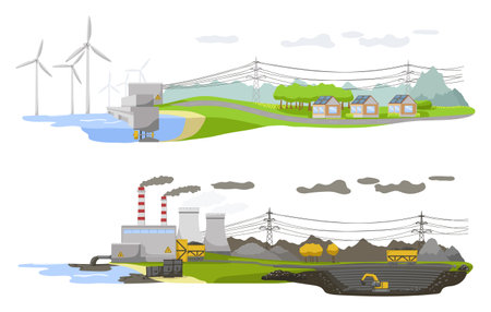 Banner ecology day. Before after alternative energy nature life on planet. Different pollution in environment. Renewable wind power generation. Ecological concept landscape poster. Vector illustrationのイラスト素材