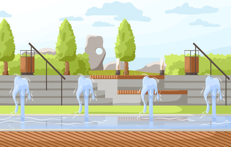 City park with fountains in summer or spring time scenery landscape. Cityscape background, empty public place for walking and recreation with green trees. Urban town garden. Flat Vector illustrationのイラスト素材