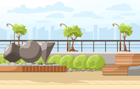 City park summer or spring time scenery landscape. Cityscape background, empty public place for walking and recreation with green trees, wooden bench, urban stone sculptures. Flat Vector illustrationのイラスト素材