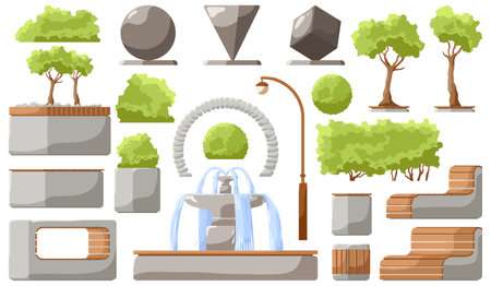 Set of design elements for City Park isolated on white background. Collection with decorative icons of trees, bushes, fountains and benches for Public Park or cityscape and garden. Vector illustrationのイラスト素材
