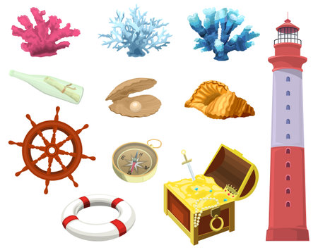 Set of sea adventures elements. Marine sailors icons isolated on white background. Treasure chest with gold jewelry and sword. Lighthouse, float, colorful reef corals stickers. Vector illustrationのイラスト素材