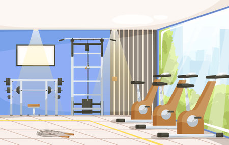 City sport club empty interior. Fitness equipment and gym machines for body workout and exercises with weights indoor room. Professional cardio bicycle, barbell bench and dumbbell. Vector illustrationのイラスト素材