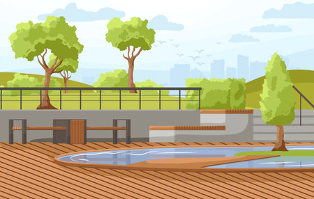 City park summer or spring time scenery landscape. Cityscape background, empty public place for walking and recreation with green trees, wooden benches. Urban garden with pathway. Vector illustrationのイラスト素材