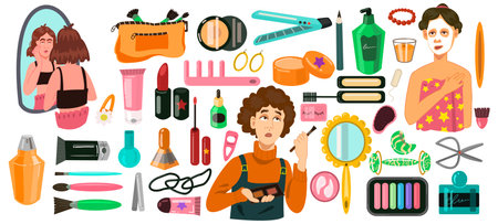 Set of women beauty products. Women do makeup in front mirror. Skin cosmetics, lipsticks and accessories for face care. Woman everyday morning routine isolated on white background. Vector illustrationのイラスト素材
