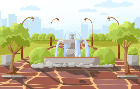 City park summer or spring time scenery landscape. Cityscape background, empty public place for walking, recreation with green trees and bushes, water fountain in center of square. Vector illustrationのイラスト素材