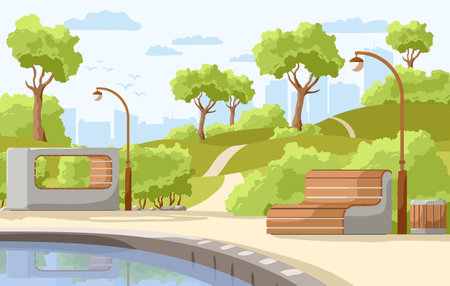 City park summer and spring time scenery landscape. Cityscape background, public place for walking and recreation with green trees, benches, bushes. Garden with lake and pathway. Vector illustrationのイラスト素材
