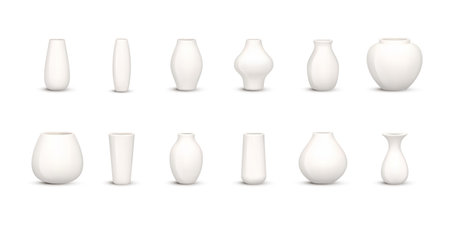 Set of ceramic white vase isolated on background. Collection of floor bowls for decoration floor at home in a realistic style. Different forms of antique vases for interior design. Vector illustrationのイラスト素材