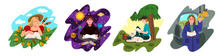 Set of people reading books and have leisure outdoor. Young woman read book at Green Park with flowers. Cartoon fairytale story of reader character in different genres in books. Vector illustrationのイラスト素材