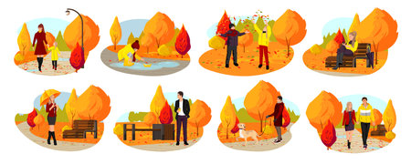 Set of family story in Autumn Park. Collection clip art of weekend leisure isolated on white background. Yellow trees and fall leaves in forest. People characters walks outdoor. Vector illustrationのイラスト素材