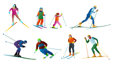 Set of skiers isolated on white background. Skier characters rides and slides. Ski actions: country cross, slalom freeride. Skiing activity men, women, kids in colorful sport wear. Vector illustrationのイラスト素材
