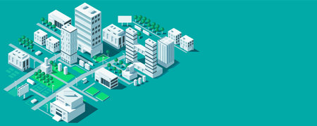 Isometric city map with buildings. Business office and commercial towers in 3d cityscape. City development concept for web design. Urban architecture and design of street elements. Vector illustrationのイラスト素材