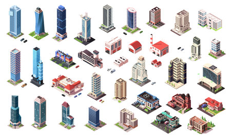 Isometric skyscrapers and city buildings big collection. Set of business office or commercial towers. City development in 3d. Finance cityscape architecture, elements shape of map. Vector illustrationのイラスト素材