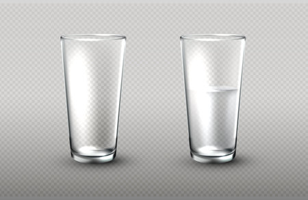 Two glasses isolated on white background. One of glass empty and the other half full of fresh mineral water. Realistic transparent tall cup with beverage. Healthy and diet concept. Vector illustrationのイラスト素材