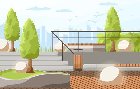 City park summer or spring time scenery landscape. Cityscape background, empty public place for walking and recreation with green trees, benches. Urban garden with pathway. Flat Vector illustrationのイラスト素材