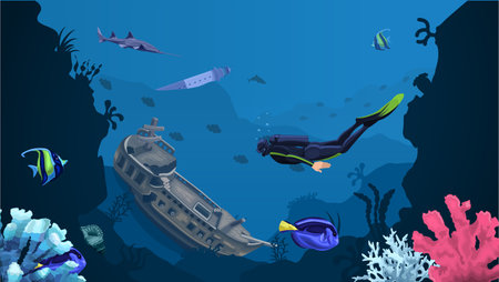Snorkeling deep underwater at dark blue water explore wreck ship. Sunken boat on sea bottom near coral reef fishes and white shark. Lighthouse and wooden frigate crashed on seabed. Vector illustrationのイラスト素材