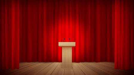 Red stage velvet curtain and wooden podium. Theater or opera scene drape backdrop in vintage style. Grand opening premiere backstage. Portiere for ceremony of awards performance. Vector illustrationのイラスト素材
