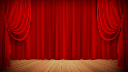 Red stage velvet curtain and wooden podium. Theater or opera scene drape backdrop in vintage style. Grand opening premiere backstage. Portiere for ceremony of awards performance. Vector illustrationのイラスト素材