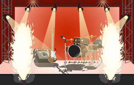Empty stage with rock instruments. Nobody on metal music concert in club with spotlights. Fireworks on scene with electric guitar, drum kit and speakers. Nightclub live show party. Vector illustrationのイラスト素材