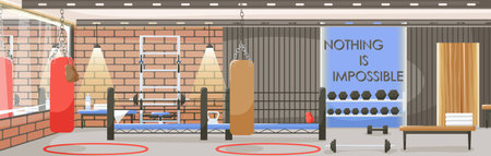 City sport club empty interior. Various boxing equipment and machines for body workout and exercises with weights indoor. Modern gym with barbell bench, dumbbell and punching bag. Vector illustrationのイラスト素材