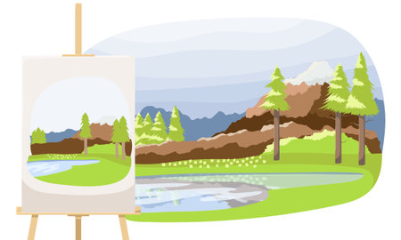 Artist painted summer time landscape with Mountain River. Painter drawing outdoor. Drawn picture with green lawn yellow flowers. Painting with brush and watercolor on canvas easel. Vector illustrationのイラスト素材