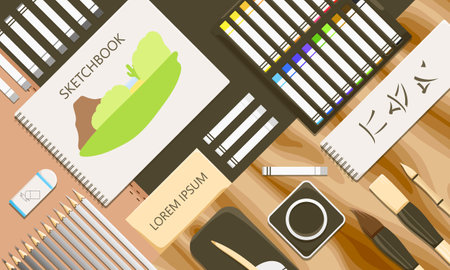 Artist workplace with painting and drawing supplies. Creativity poster of hobby brush draw. Colorful palette with oil and acryl paint. Professional artwork studio concept poster. Vector illustrationのイラスト素材