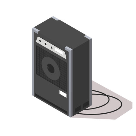 Musical loud speaker isolated on white background. Isometric 3d element in vector design style for concert show, musical performance. Acoustic sound bass woofer device web button. Vector illustrationのイラスト素材