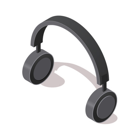 Black dj headphones isolated on white background. Isometric 3d element in vector design style for concert show, musical performance. Acoustic accessory or sound device web button. Vector illustrationのイラスト素材