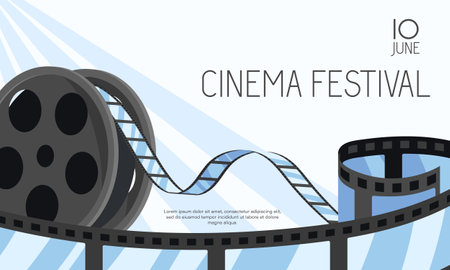 Cinema festival promotion template poster. Backdrop with roll negative videotape. Movie and film banner design background with vintage video tape. Cinematography industry concept. Vector illustrationのイラスト素材