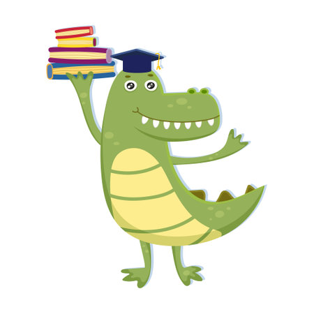 Funny crocodile smiling with books in hand and graduation cap on a head. Cute cartoon animal for study English at school. Happy zoo pupil character sticker for print. Colorful flat vector illustrationのイラスト素材