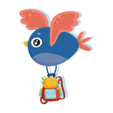 Funny sparrow bird with full backpack isolated on white background. Cute cartoon animal for study English at school. Happy zoo pupil character sticker for print. Colorful flat vector illustrationのイラスト素材